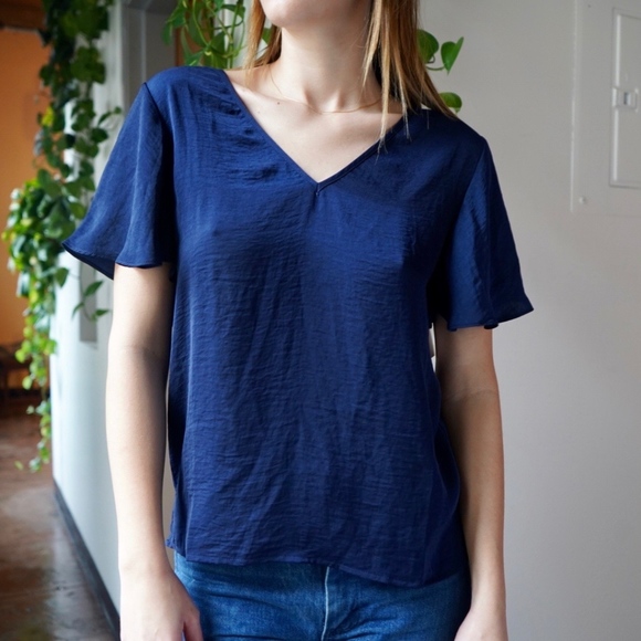 Navy Blue V-Neck Blouse - Picture 1 of 2